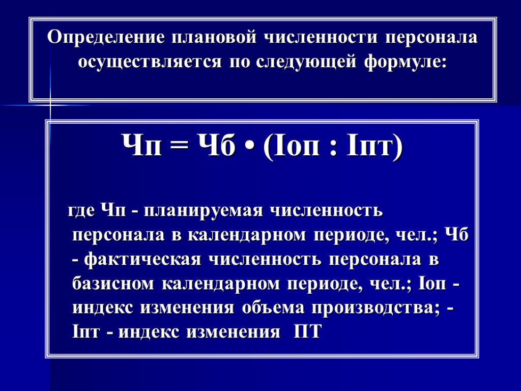 Определение плановой численности персонала осуществляется по следующей формуле: Чп = Чб • (Iоп :